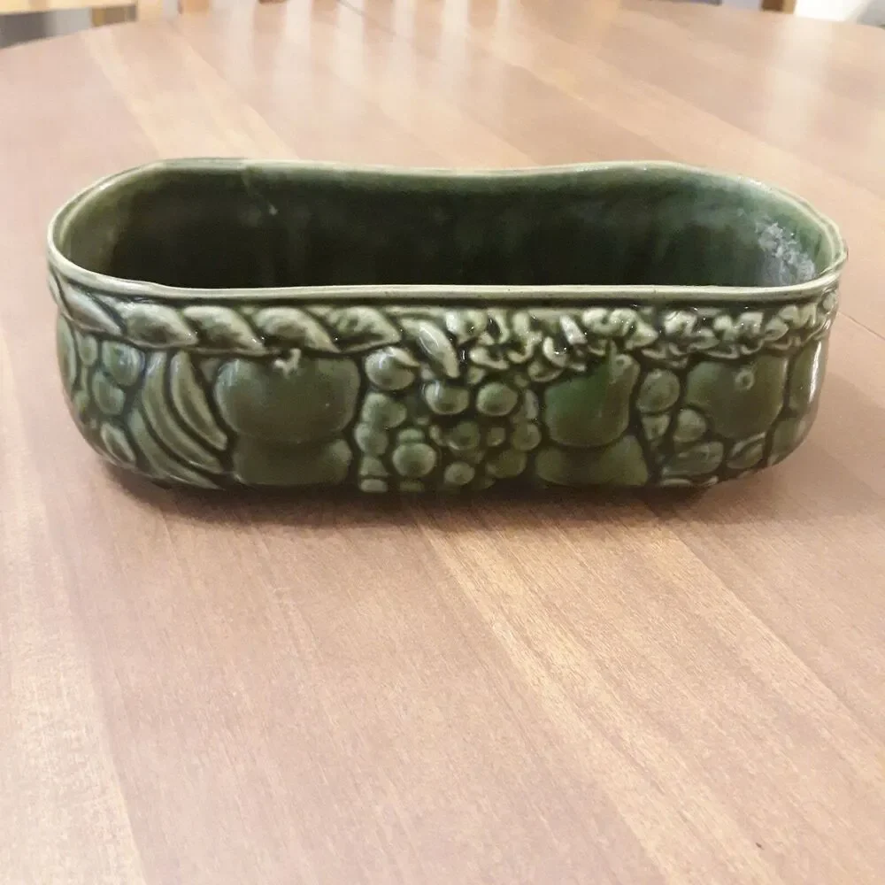 Vintage Green Ceramic Pottery Planter Raised Fruit Motif Mid Century Modern
